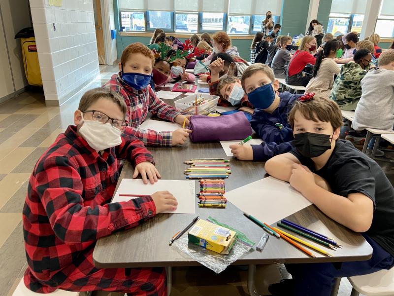 Fifth-graders assembled to work on their letters are on left, front to back Chandler D’Antoni, Xzavier Bennett and A’riyah Dorsey, and on right, front to back are Logan Smith, Mark Lally and Benjamin Ippolito.